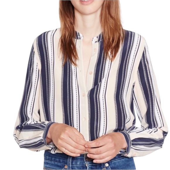 Equipment Henri Silk Striped Button Down Blouse in Bright White & Nude Multi - S - Picture 4 of 14